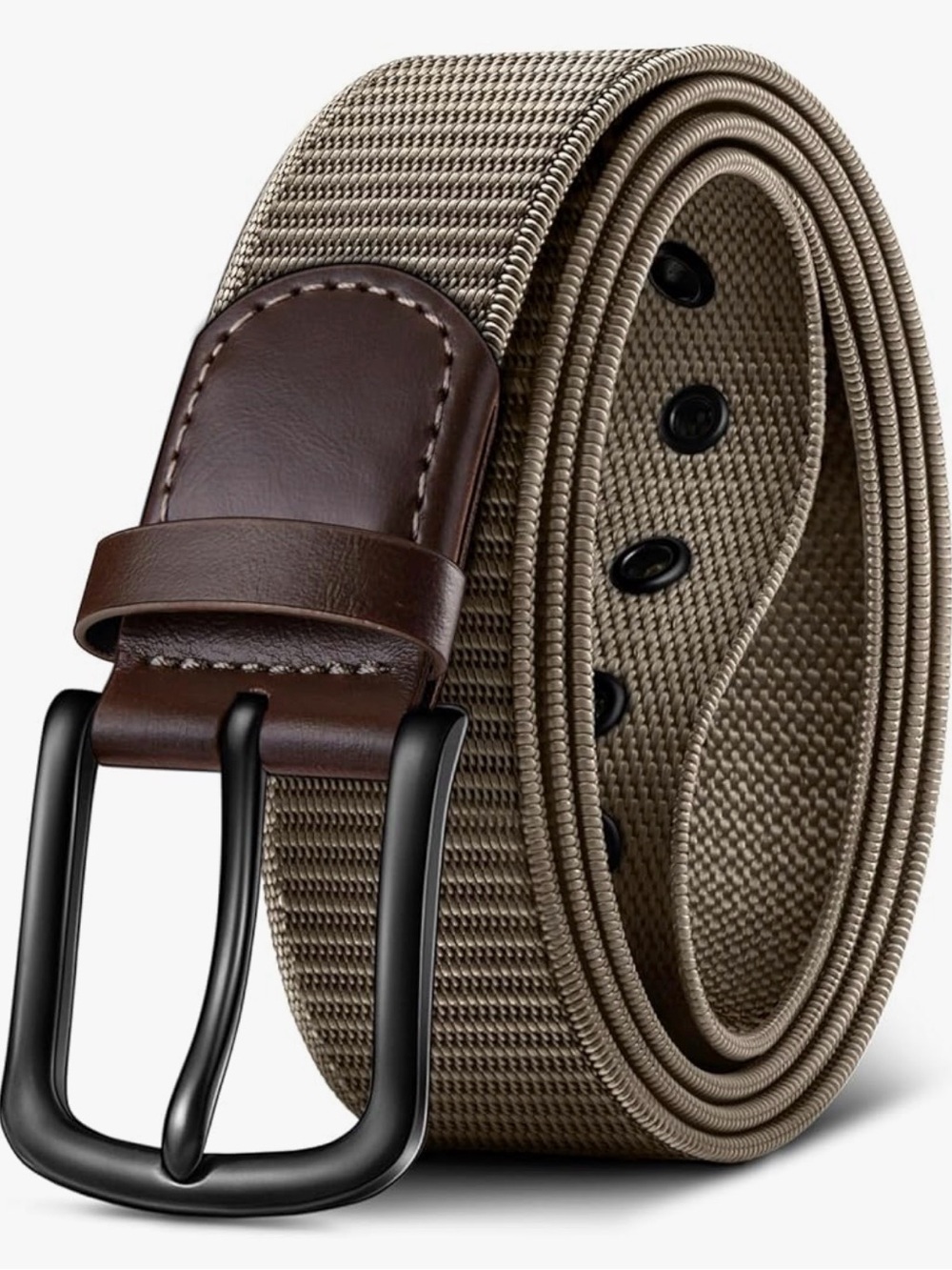 Classic Men's Canvas Belt with Brown Leather Accent - Taupe